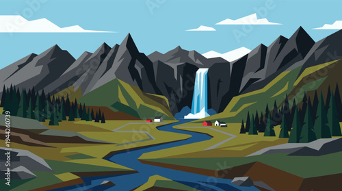 A striking vector illustration depicting a minimalist landscape with a waterfall cascading down rocky mountains, a winding river, and small houses in a serene setting.