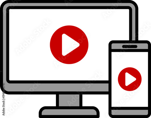 パソコンとスマートフォンに動画再生ボタンが表示されたイラスト｜動画・配信・マルチデバイスの概念　Illustration of Computer and Smartphone with Play Button – Video and Streaming Concept
