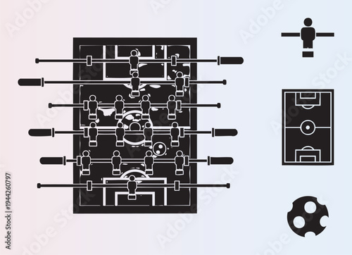 Foosball table with players and soccer ball icons isolated illustration