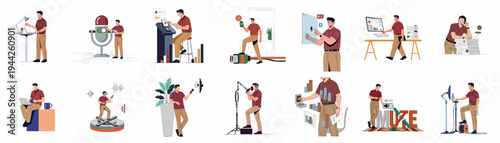Vector illustration collection of a professional man in various business, technology, and creative workspace scenarios including podcasting, data analysis, and virtual reality.