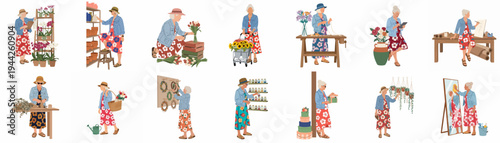 Set of flat illustrations featuring an active senior woman engaged in various hobbies like gardening, floral design, painting, and home improvement.