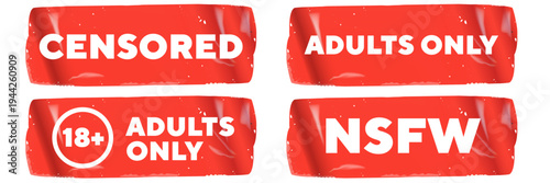 Censored and Adults Only red sticker set. 18 plus and NSFW warning labels with wrinkled paper texture. Realistic industrial packaging signs and age restriction icons isolated on white. Vector art