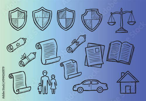 Handdrawn legal and protection icons collection isolated on gradient background