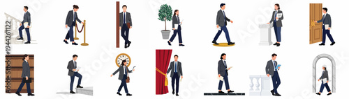 Professional Business People and Lawyers in Formal Suits Illustration Set in Various Office and Corporate Environments