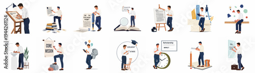 Collection of flat illustrations depicting a man working on scholarship applications, writing essays, brainstorming ideas, and managing academic goals and deadlines.