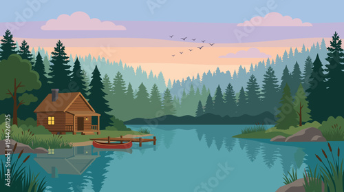 Serene illustration of a cozy cabin nestled by a tranquil lake, surrounded by a dense forest, evoking peace and relaxation. Ideal for travel, vacation, or nature related content.