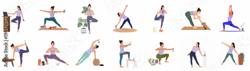 Vector illustration set of women practicing various yoga poses at home using household items, plants, and technology for online fitness and wellness classes.