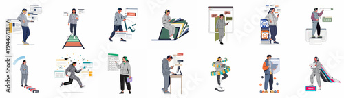 Collection of flat vector illustrations depicting students participating in various online learning activities, digital exams, certification processes, and remote education tasks.