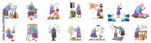 Set of illustrations featuring a senior woman as a proficient programmer and tech expert, highlighting lifelong learning, coding, software development, and digital innovation.