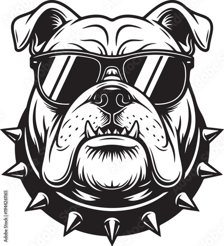 A bulldog wearing sunglasses and a spiked collar