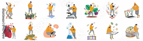 Diverse collection of illustrations depicting young students exploring various scientific disciplines such as biology, chemistry, and anatomy through modern technology and digital devices.