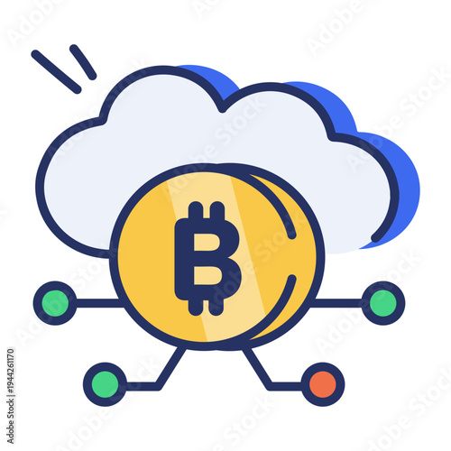 Flat icon depicting bitcoin cloud network