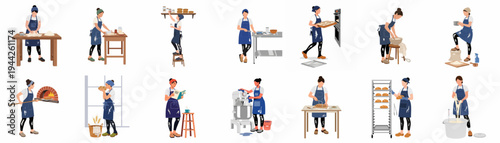 Set of illustrations depicting female bakers in blue aprons performing various bakery tasks, such as kneading dough, baking, and slicing fresh artisan bread.