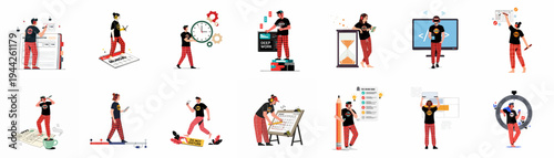 Set of Flat Illustrations Depicting Time Management, Productivity, Remote Work, and Efficient Scheduling Concepts for Professionals and Freelancers.