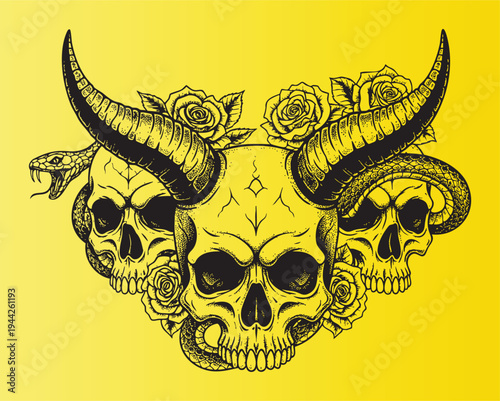 Illustrated skulls with snakes and roses in intricate tattoo style design