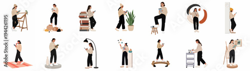 Set of modern flat illustrations of a creative woman using a digital tablet for work, art, and study in various minimalist settings.