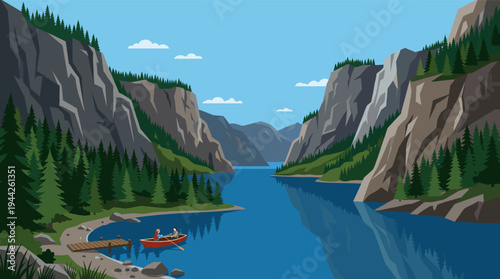 Illustrated mountain lake landscape featuring a couple rowing a red boat near a wooden dock, framed by mountains, trees, and a blue sky for travel or recreation.