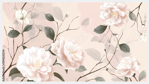 Stylish tropical botanical wallpaper featuring lush leaves and elegant blooming flowers in a modern decorative composition. Ideal for wallpaper design, home interior decoration, digital backgrounds, w