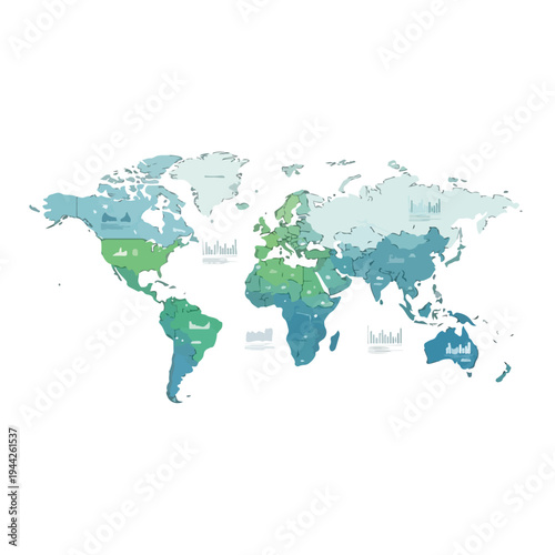 World Map Illustration with Colorful Continents.
