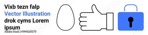 Security, privacy, approval, protection, data safety, authentication. A lock, hand gesture and egg-shaped icon featured. Security and privacy concept using simplistic elements