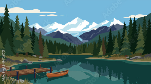 Serene vector landscape of a mountain lake with forest, snow-capped mountains, a wooden dock, and an orange canoe; ideal for travel, nature, and outdoor adventure themes.