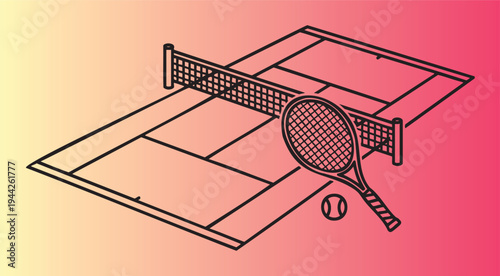 Tennis court with racket and ball flat design illustration