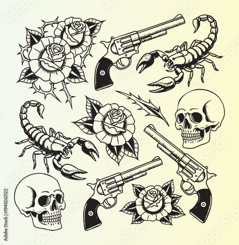 Vintage tattoo elements with skulls guns scorpions and roses illustration