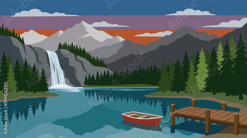 Beautiful stylized vector illustration featuring a tranquil lake with a waterfall cascading into it, framed by mountains and lush trees, and a red rowboat tied to a wooden dock.