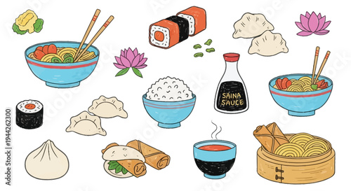 A colorful collection of hand-drawn Asian cuisine illustrations including sushi, dumplings, noodles, rice, and spring rolls, with chopsticks and soy sauce.