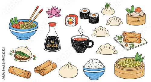 A vibrant collection of hand-drawn Asian food illustrations including sushi, ramen, dumplings, spring rolls, rice, and tea, showcasing diverse culinary elements.