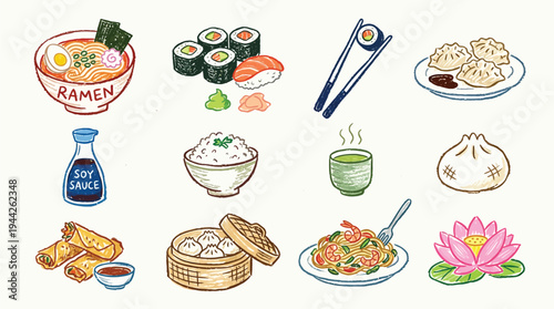 A collection of hand-drawn illustrations depicting various popular Asian food dishes and ingredients, including ramen, sushi, dumplings, rice, tea, and spring rolls.