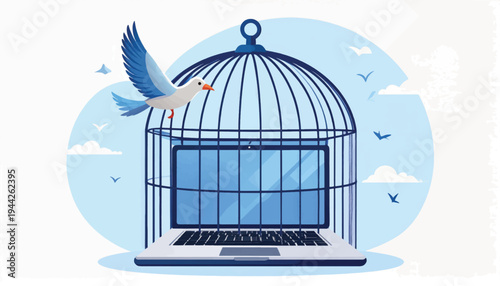 Bird Escaping Cage on Laptop Keyboard.