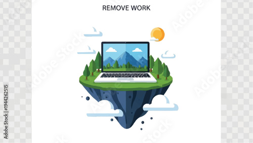 Laptop on a floating island with greenery.