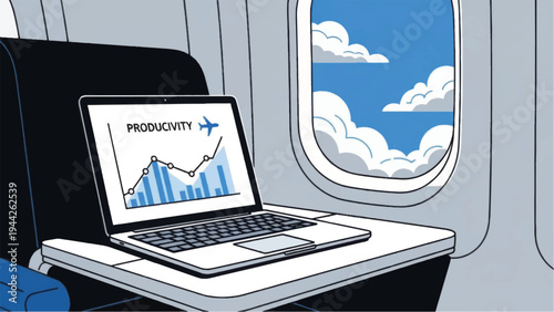 Laptop on airplane tray table with productivity graph.