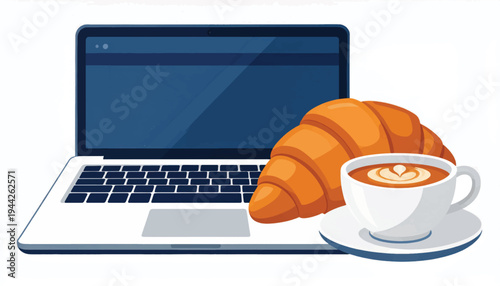 Laptop with Coffee and Croissant Illustration.