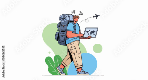 Man Hiking with Backpack and Tablet.