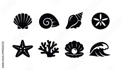 Beach Shell Collection Pattern. Filled icon set of Beach Shell Collection Pattern: scallop shell, spiral shell