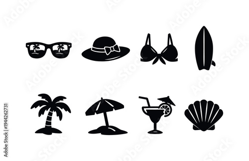 Beach Style. Filled icon set of Beach Style: sunglasses with reflection, straw hat, bikini top, surfboard,