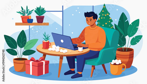 Man Working on Laptop Surrounded Plants.