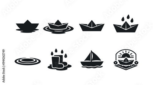 Kids rainy play outline collection. Filled icon set of Kids rainy play outline collection: paper boat floating