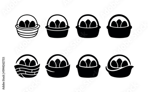 Continuous line basket with eggs. Filled icon set of Continuous line basket with eggs: single line wicker