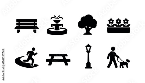 Urban Green Space. Filled icon set of Urban Green Space: park bench, fountain, tree, flower bed, jogging path,