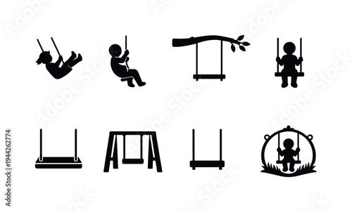 Backyard swing outline set. Filled icon set of Backyard swing outline set: child mid air on swing, kid