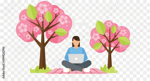 Woman Sitting with Laptop under Pink Trees.