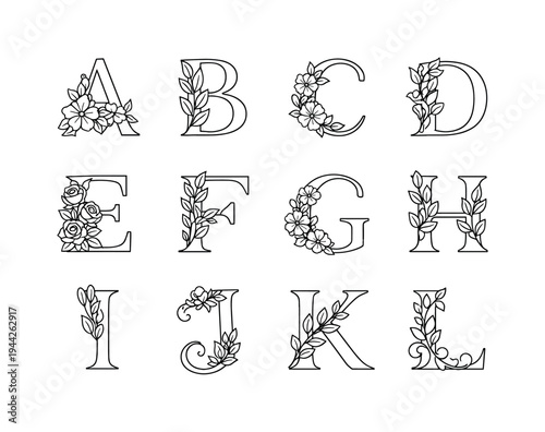 floral alphabet letters line art. Line outline icon set of floral alphabet letters line art: letter A with