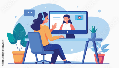 Woman Video Conferencing on Computer with Headset.