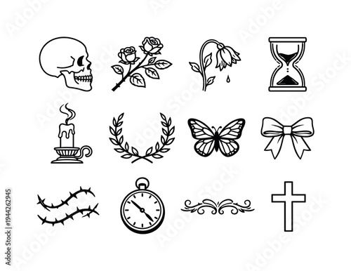 Floral Memento Mori Icons. Floral memento mori engraving. Line outline icon set of Floral memento mori