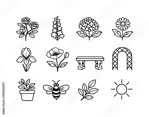 english garden blooms. Line outline icon set of english garden blooms: climbing rose, delphinium, hydrangea,