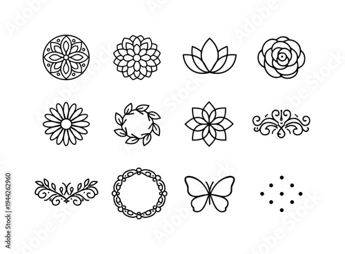 Floral Mandala Icons. floral mandala minimal outline. Line outline icon set of floral mandala minimal outline: