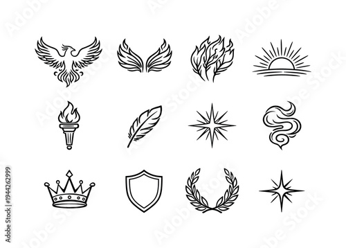 Mythical Fire Bird Icons. Mythical fire bird engraving. Line outline icon set of Mythical fire bird engraving: